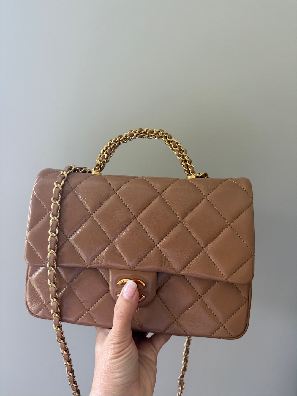 Beige Quilted Flap Bag with Gold Chain Strap and Turn Lock Small